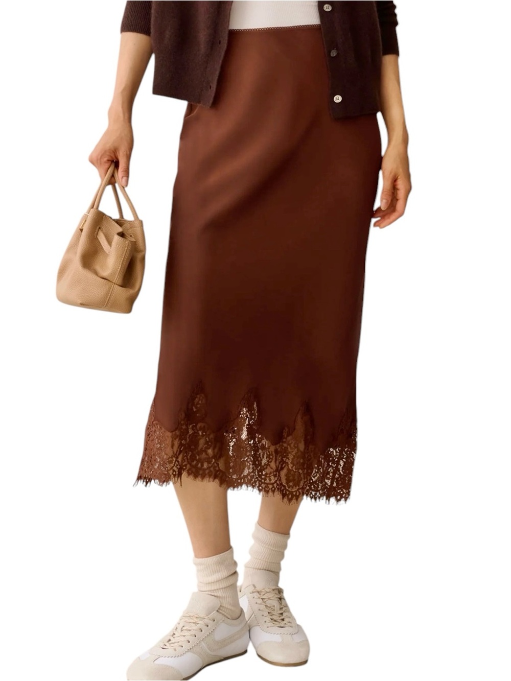 Few Moda Avery Skirt Coffee Brown Lace-Hem Midi Slip Dress NWT